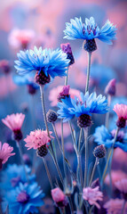 Fototapeta premium A field of blue and pink flowers with a blue sky in the background