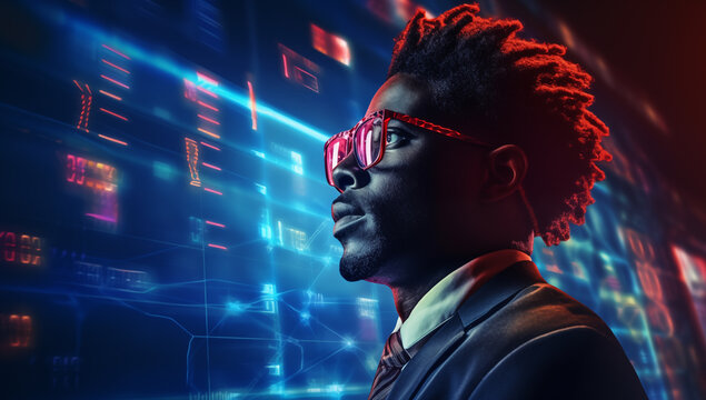 A futuristic african american man analyzing stock market trends surrounded by glowing digital code