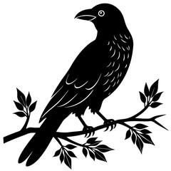 Black crow on a tree branch. Vector illustration isolated silhouette with white Background.