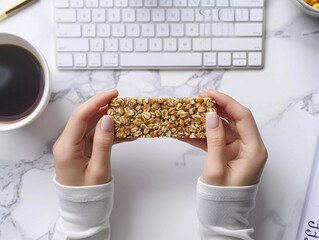 Obraz premium Breakfast Bar Nut Bar Protein Bar Cup Coffee Laptop Women Hands