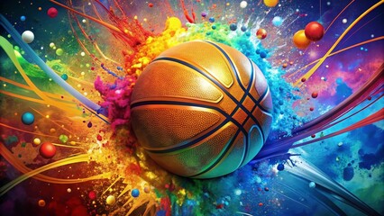 Obraz premium Cosmic Basketball, A digital painting depicting a basketball engulfed in a vibrant explosion of color with streaks of light, basketball , abstract , art , digital art