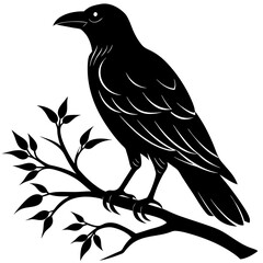 Black crow on a tree branch. Vector illustration isolated silhouette with white Background.