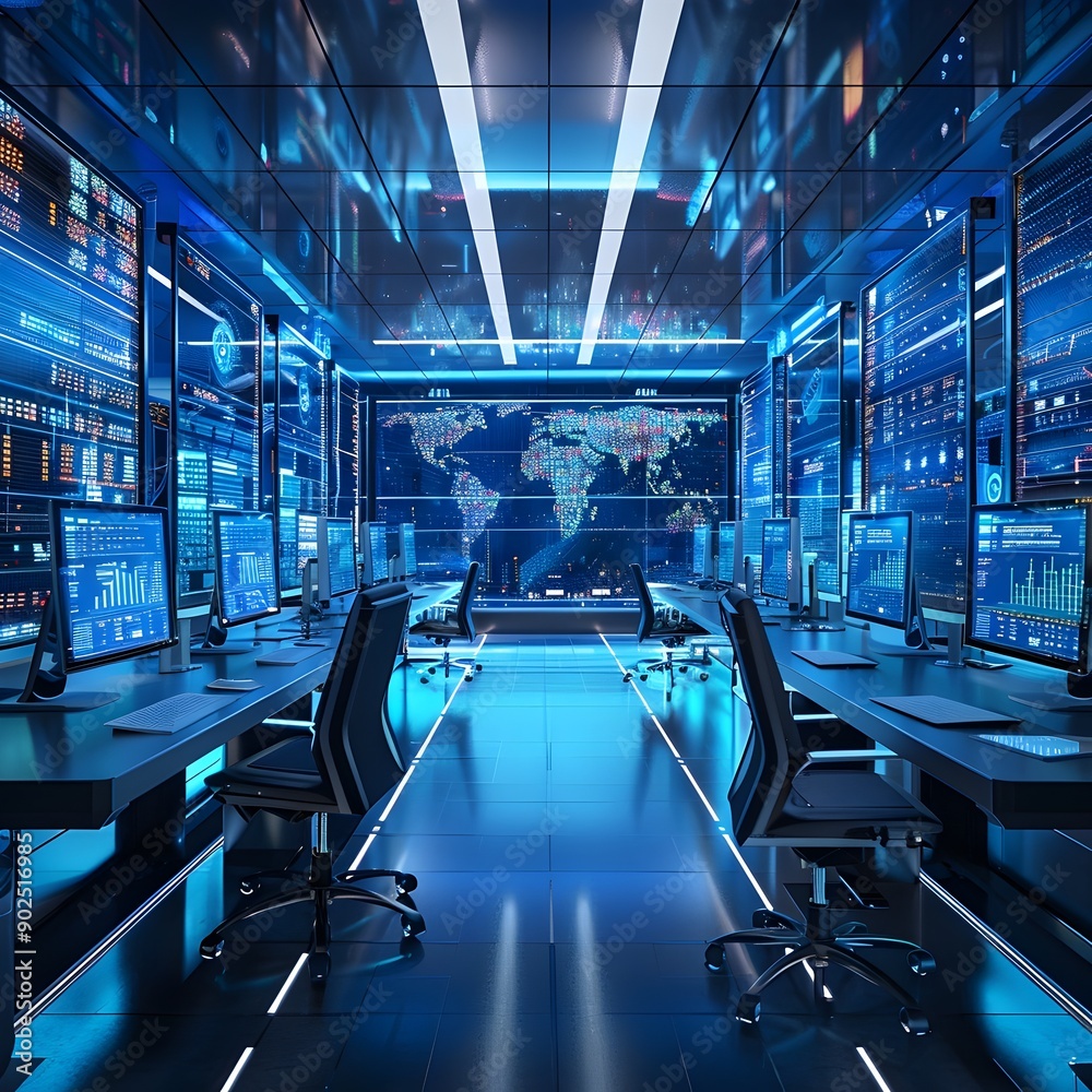 Poster high tech digital control room with transparent computer screens and data displays