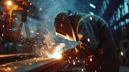 Professional welder working with sparks flying around in a metal shop