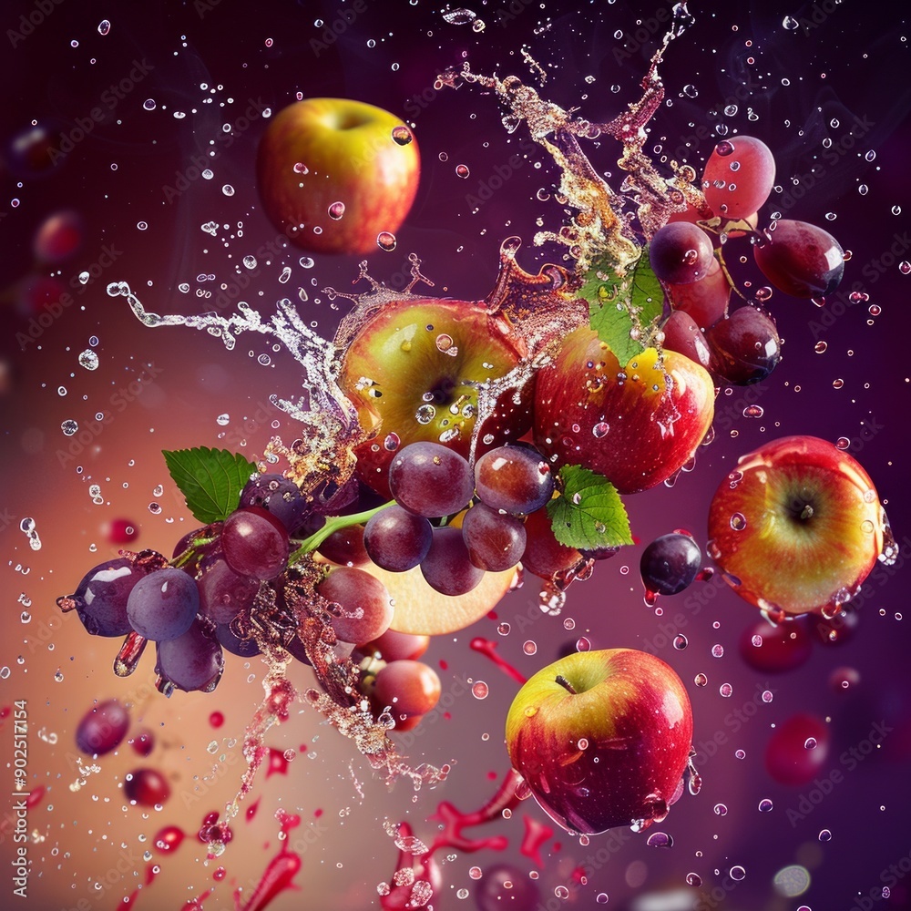 Sticker Vibrant fresh fruits, apples, grapes, and water splash, creative food concept, colorful background. Surreal still life, perfect for food and drink visuals. A mix of realism and abstract art. AI