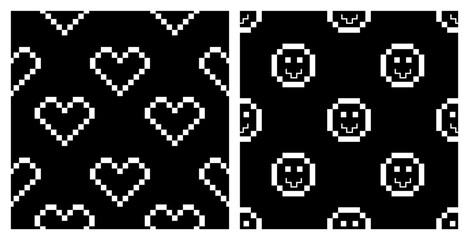 Pixel Y2k retro seamless pattern set. 90's trendy playful art. Hearts, smiley in black and white colours. 8-bit pixel art aesthetics, vector illustration. Naive Simple geometric form. 