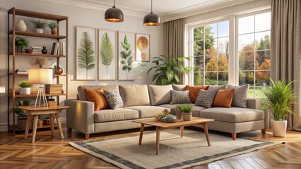 Fototapeta premium Cozy Living Room with Sectional Sofa and Wooden Accents, Interior Design, Home Decor, Living Space, Modern Furniture