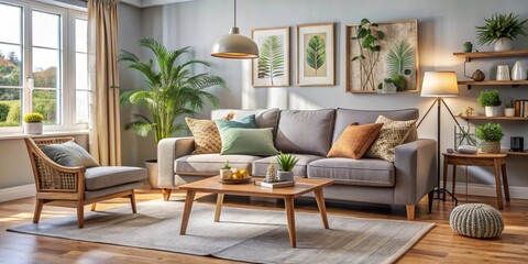 Fototapeta premium Cozy Living Room with Gray Sofa, Wooden Coffee Table and Plants, living room interior, home decor, modern design, furniture