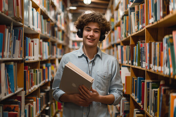 A young man with curly hair smiling while holding a laptop in a cozy bookshop