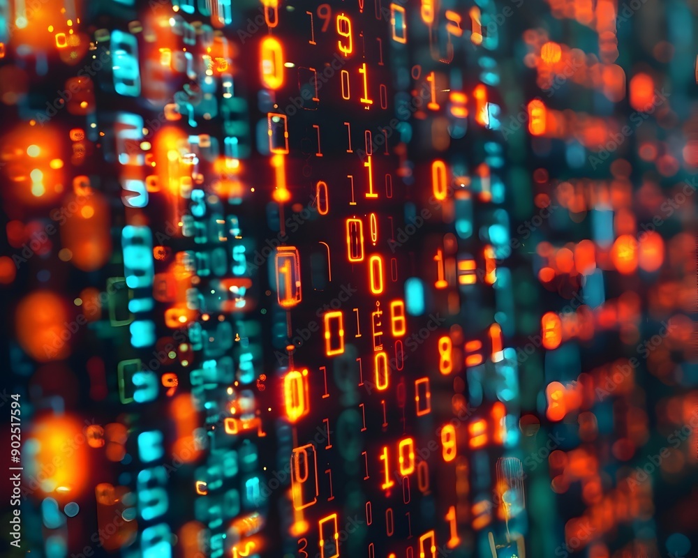 Poster glowing digital currency symbols floating in data matrix cyber background concept