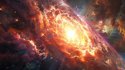 Fototapeta premium Vibrant depiction of a cosmic explosion, showcasing a swirling nebula with intense light and vibrant colors against a backdrop of twinkling stars.
