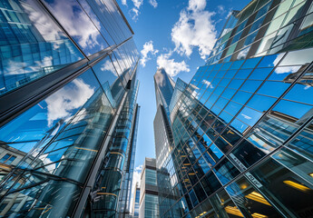 Obraz premium Dynamic reflections of london's skyscrapers beneath a vast blue sky