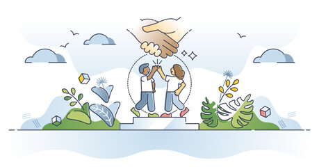 Collaboration handshake as business partners deal symbol outline concept, transparent background. Partnership agreement to merge and combine two company strengths illustration.