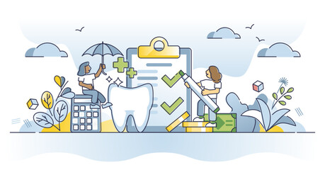 Dental insurance and tooth care cost financial coverage outline concept, transparent background.Stomatology financial safety for doctor expenses illustration.