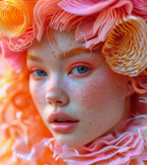 Obraz premium A woman with orange hair and pink makeup is wearing a flowery headpiece