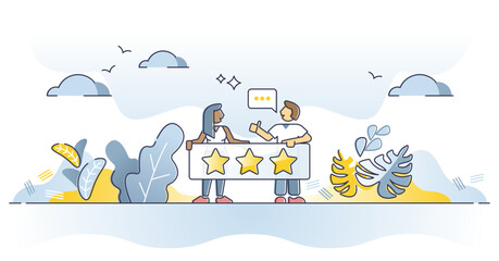 Feedback as product or service evaluation with stars rating outline concept, transparent background. Business customer comments and consumer quality opinion illustration.