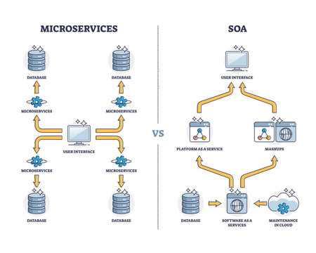 Microservices or monolithic service oriented architecture outline diagram, transparent background. Labeled educational scheme with computing types for business tasks illustration.