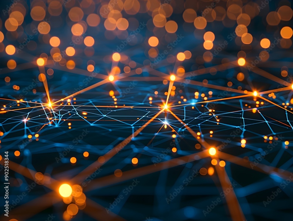 Poster glowing interconnected data network map in dark cyber background