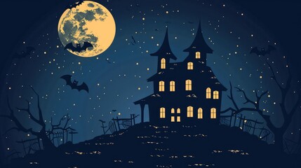 Haunted House on a Hill with Full Moon and Bats