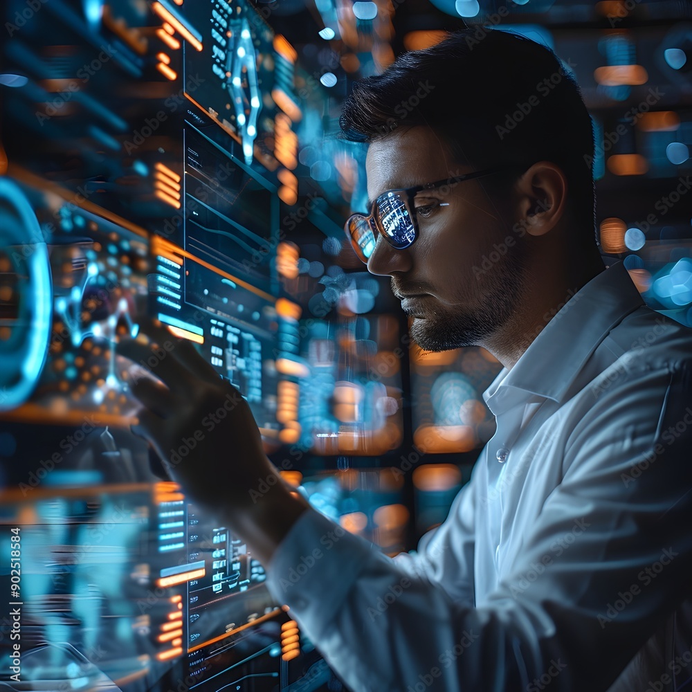 Poster Data Scientist Analyzing Complex Data Visualizations on Futuristic Cyber Interface