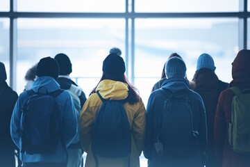 A long line of people were waiting at an airport crowd