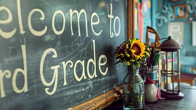 Pushing towards "Welcome to Third Grade" written in chalk on a chalkboard flanked by sunflowers in a contemporary classroom. For back to school meme.