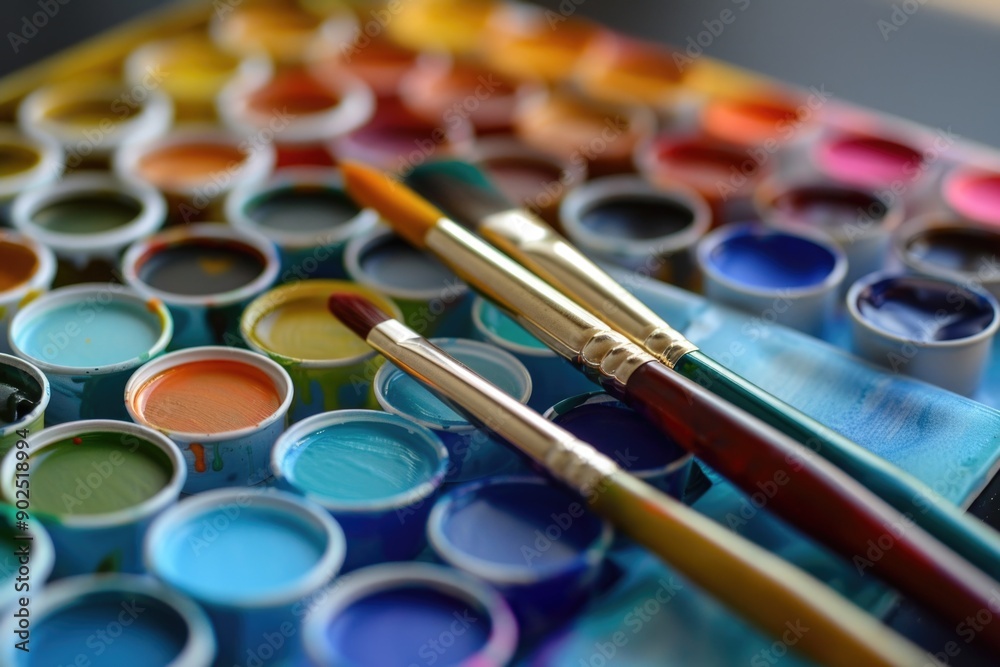 Wall mural A close-up view of various paint brushes on a table, ready for artistic use