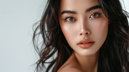 Fototapeta premium Beautiful Asian woman model with dark hair posing on a light studio background