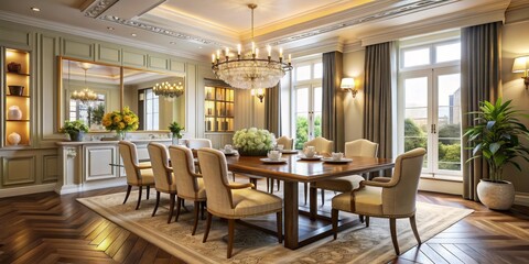 Elegant Dining Room with Chandelier and Chevron Hardwood Floors, interior design, dining room, home decor, hardwood floors