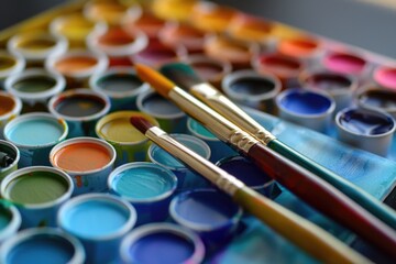 A close-up view of various paint brushes on a table, ready for artistic use