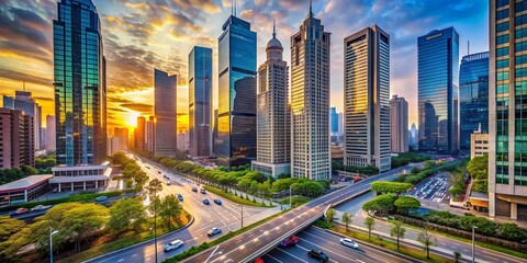 Fototapeta premium Vibrant urban landscape featuring sleek skyscrapers, bustling streets, and dynamic architecture, capturing the essence of modern city life without a single pedestrian in sight.