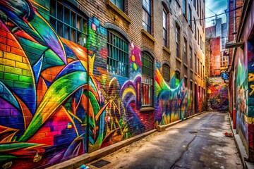 Fototapeta premium Vibrant colors explode on a gritty urban alley wall, where artistic graffiti murals of abstract shapes and stylized letters create a striking visual contrast.