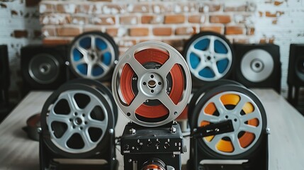 Fototapeta premium Media Preservation Concept Vintage Film Projector and Film Reels Showcase on Wooden Table Audiovisual Heritage Day Analog Media Celebration Classic Film Preservation