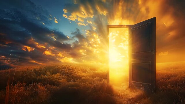 A Door In A Field With The Sun Shining Through It At Sunset