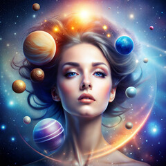 Image of a character woman with a dreamy expression, with a detailed planets above their head, filled with stars marks