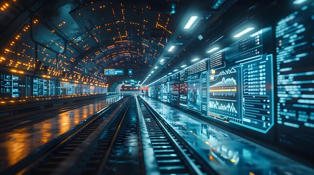 Futuristic Transport Hub with Digital Signage and Automated Systems Cyber Background Concept - Powered by Adobe