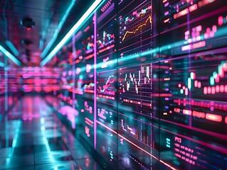Obraz premium Futuristic Digital Market with Floating Holographic Interfaces and Transactional Data