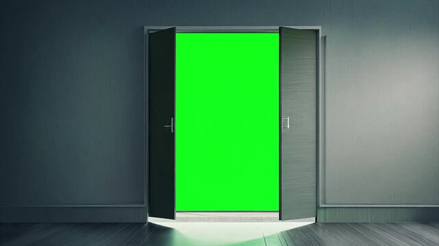 Pushing towards a gray modern double doorway opening up to reveal a chroma key green screen.