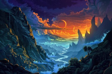 Obraz premium Mystical landscape with vibrant sunset over towering mountains and clouds