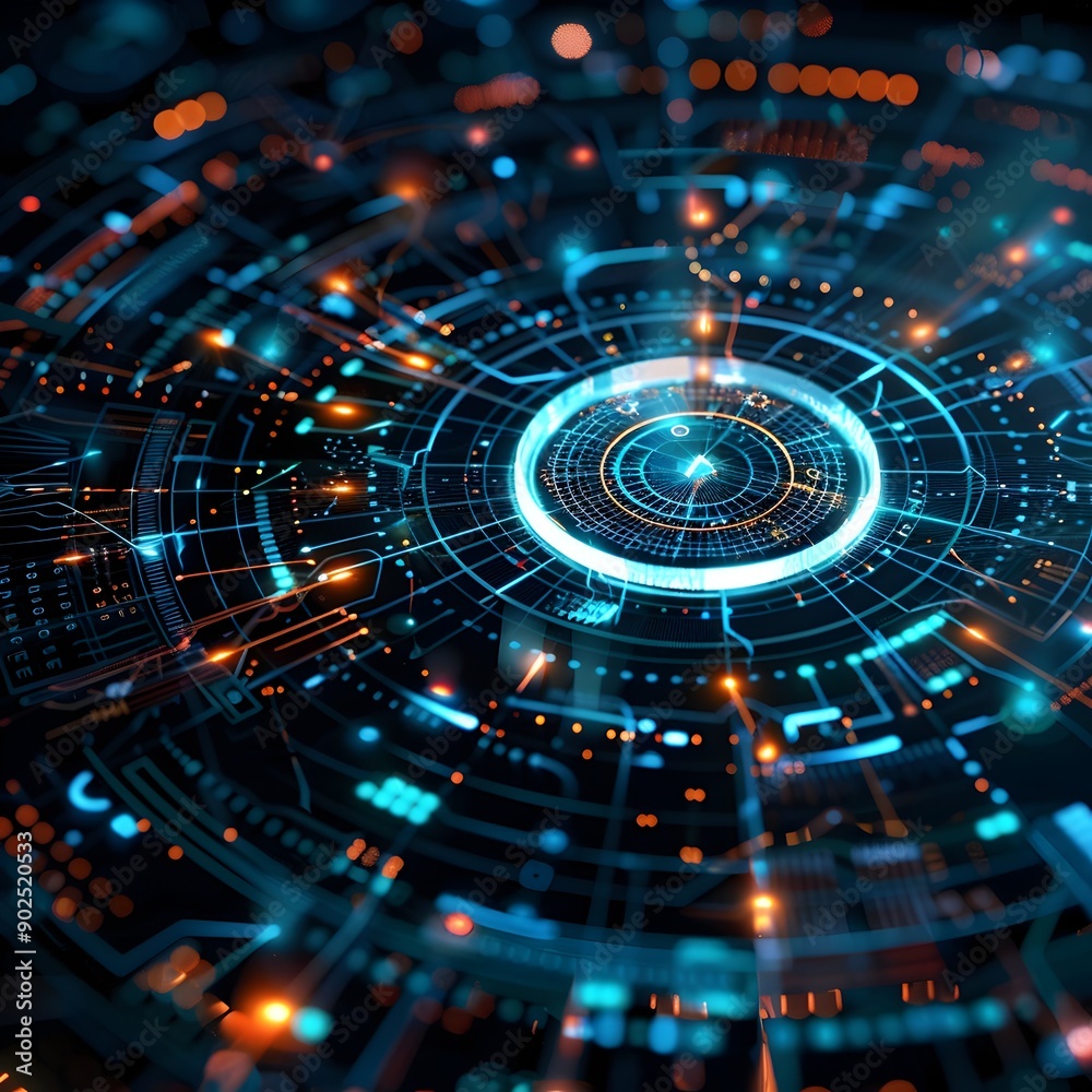 Poster futuristic cyber interface with holographic data visualization and dynamic lighting elements