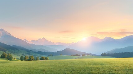 Naklejka premium A serene landscape showcasing rolling hills and majestic mountains under a warm sunrise glow, perfect for nature themes.