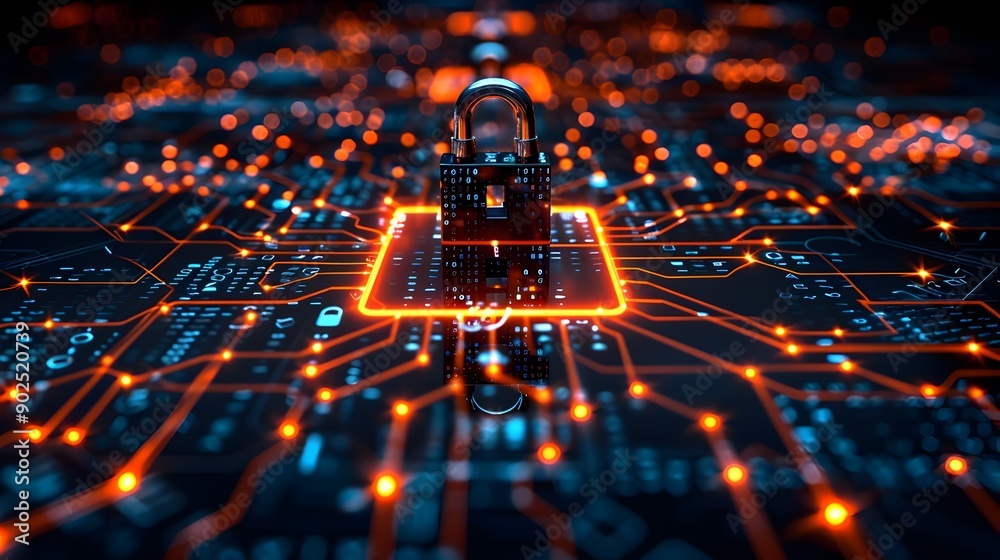 Poster glowing digital network security concept with protective elements and data pathways
