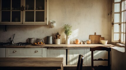 Fototapeta premium Rustic Kitchen With Wooden Countertop And White Cabinets