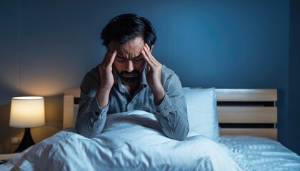 A man sitting on a bed looks distressed in a dimly lit room, representing stress and mental health challenges.