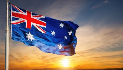 A vibrant Australian flag waving majestically against a stunning sunset backdrop, symbolizing national pride and unity.