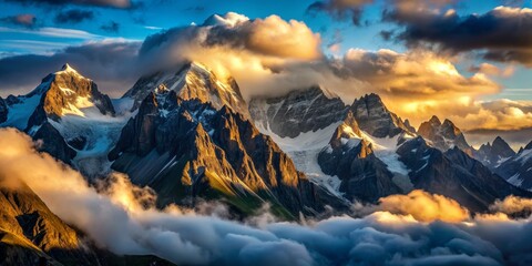 Golden Hour Peaks Above Clouds, Mountain Range, Clouds, Sunrise, Dramatic Sky