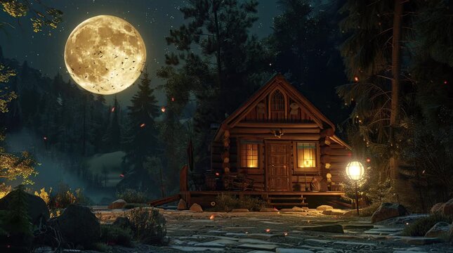 Glowing house in a forest on a fantasy full moon night, creating a magical and enchanting atmosphere.
 Seamless looping 4k time-lapse virtual video animation Generated AI