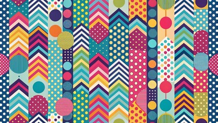 Obraz premium Vibrant abstract background featuring whimsical motifs within geometric striped pattern, incorporating playful polka dots, zigzags, and fun shapes in a mesmerizing visual arrangement.
