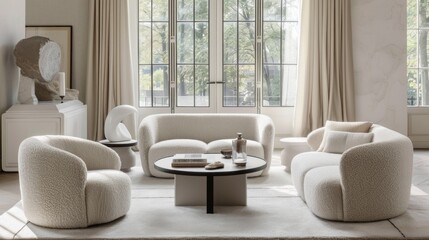 Modern Living Room With Fluffy White Couches and Glass Doors