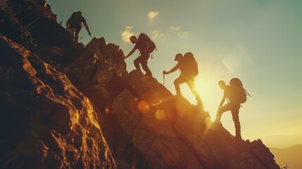 Fototapeta premium Teamwork, helping the team climb the mountain, helping each other to achieve joint success.